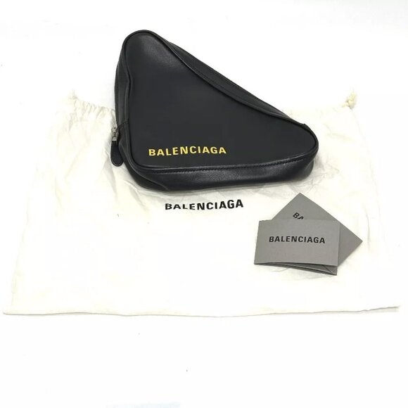 BALENCIAGA 476976 Triangle triangle clutch bag bag Pouch Leather Black - Picture 1 of 13
